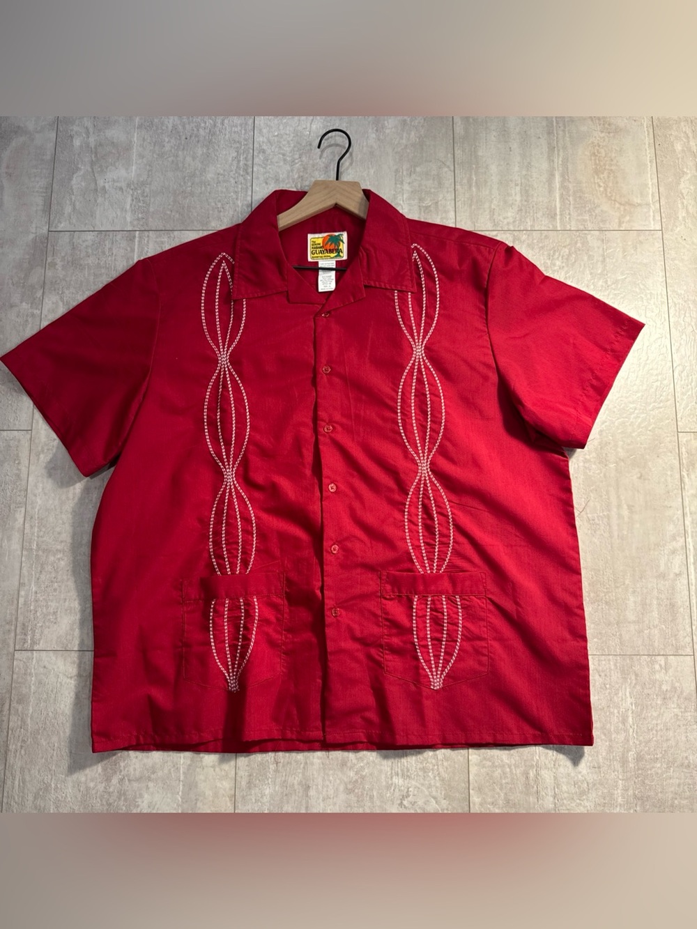 The genuine Haband Guayabera Red Short Sleeve Shirt Embroidered pockets XL